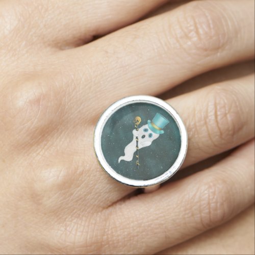 Silly white Ghost in Night Sky Skull Cane Top Hat Ring