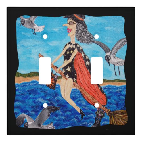 silly witch Flying over Ocean black Cat Seagulls Light Switch Cover