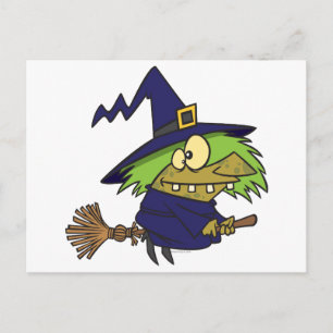 silly witchy witch toad on broomstick postcard