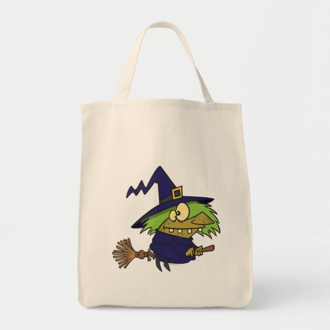 silly witchy witch toad on broomstick tote bag (Front)
