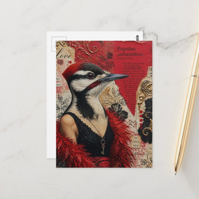 Silly Woodpecker in a black dress fantasy collage Postcard (Front/Back In Situ)