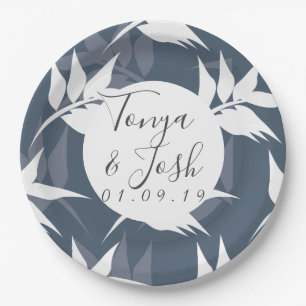 Silohuette Navy Garden Leaves Wedding Paper Plates