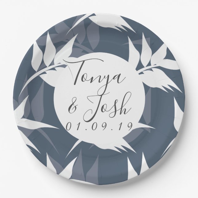 Silohuette Navy Garden Leaves Wedding Paper Plates (Front)