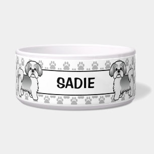 Silve And White Shih Tzu Cute Dog With Paws & Name Bowl