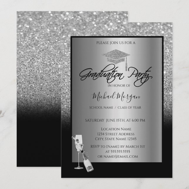Silve Glitter Graduation Cap,Wine,Glass Graduation Invitation (Front/Back)