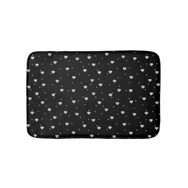 Silve glitter hearts on black bathroom mat (Front)