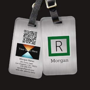 Silve Metal, Business, Name & Monogram, Green Box Luggage Tag