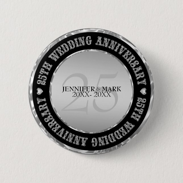 Silve Wedding Anniversary  Metallic Silver & Black Pinback Button (Front)