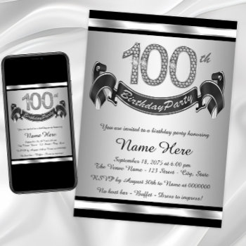 Silver 100th Birthday Party Invitation by InvitationCentral at Zazzle