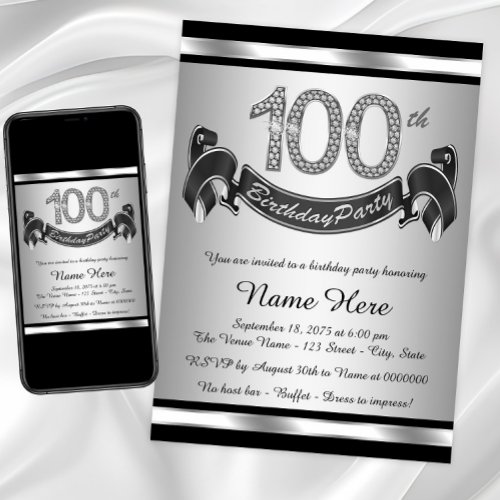 Silver 100th Birthday Party Invitation