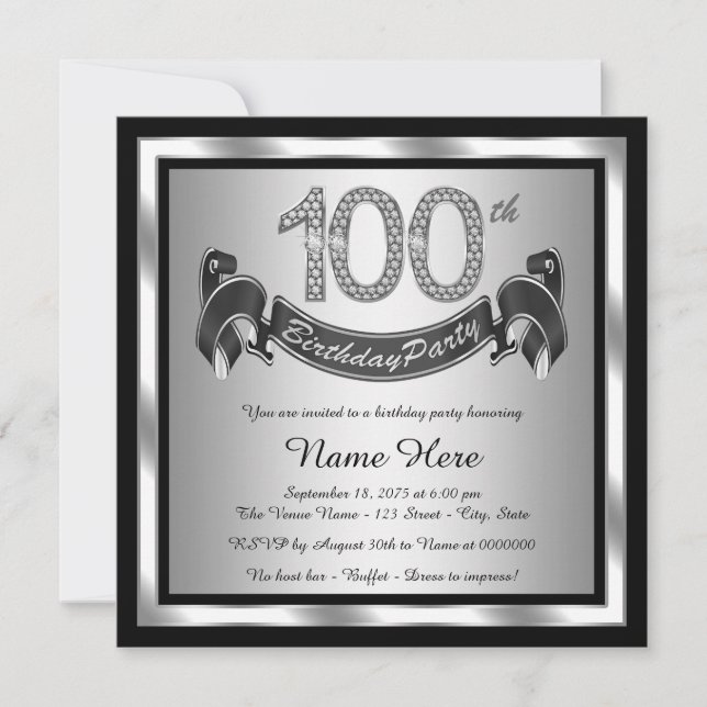 Silver 100th Birthday Party Invitation (Front)
