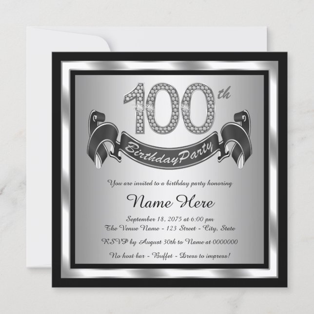Silver 100th Birthday Party Invitation (Front)