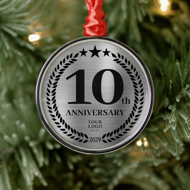 Silver 10th Anniversary Business Logo Christmas Metal Ornament (Tree)