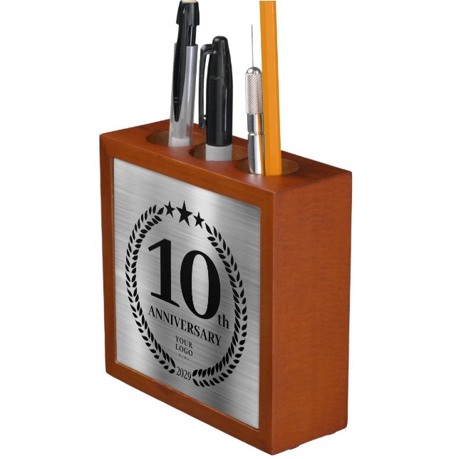 Silver 10th Anniversary Business Logo Employee Desk Organizer (In Situ)