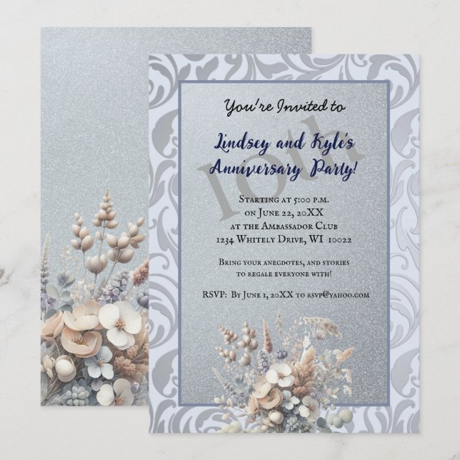 Silver 10th Wedding Anniversary Party Invitation (Front/Back)