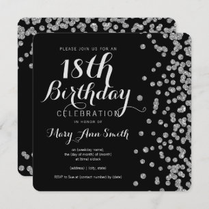 Silver 18th Birthday Faux Glitter Confetti Black Invitation