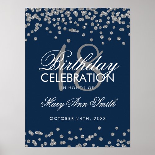Silver 18th Birthday Faux Glitter Confetti Navy Poster