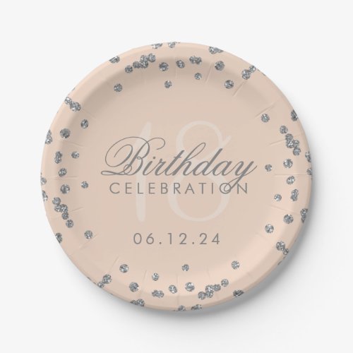 Silver 18th Birthday Faux Glitter Confetti Rose Paper Plates