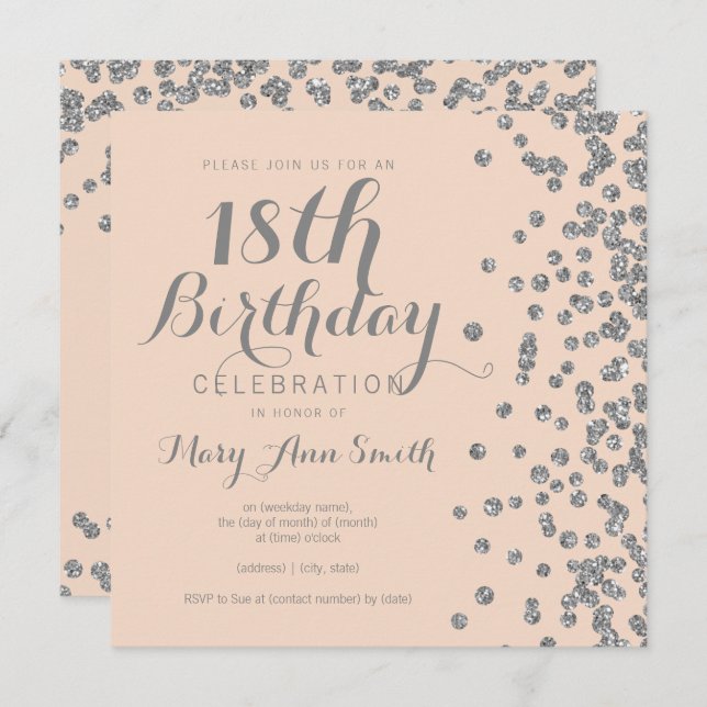 Silver 18th Birthday Glitter Confetti Blush Pink Invitation (Front/Back)