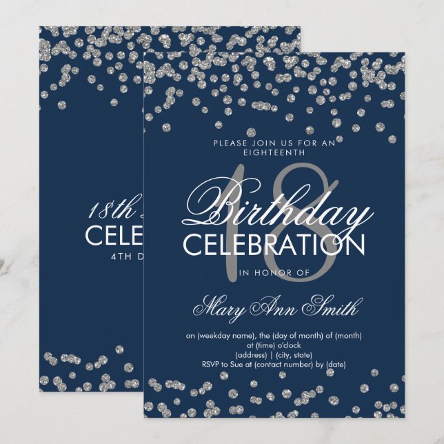 Silver 18th Birthday Glitter Confetti Navy Blue Invitation (Front/Back)