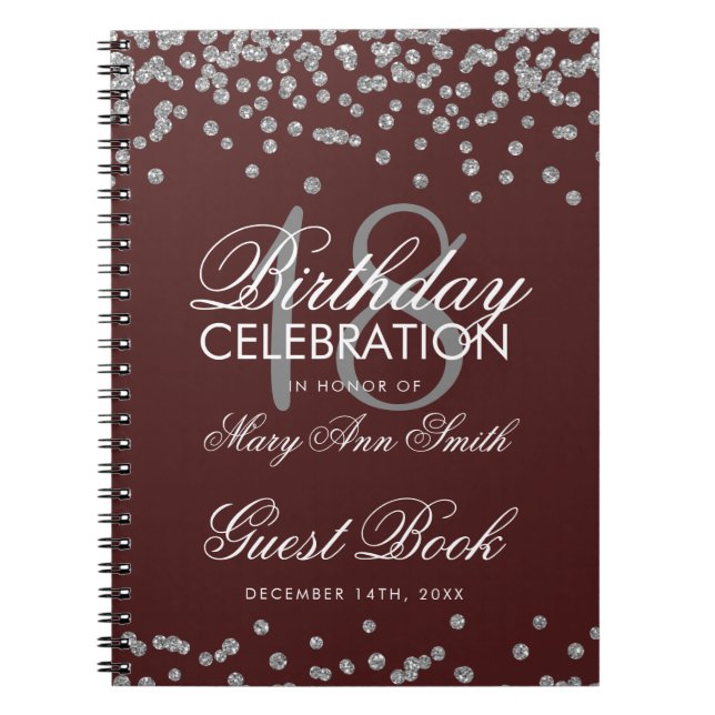 Silver 18th Birthday Guest Book Confetti Burgundy (Front)
