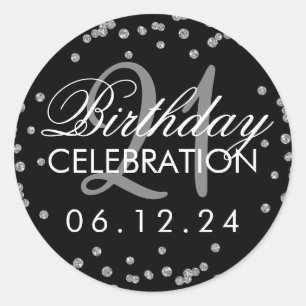 Silver 21st Birthday Faux Glitter Confetti Black Classic Round Sticker