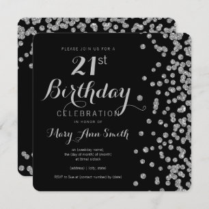 Silver 21st Birthday Faux Glitter Confetti Black Invitation