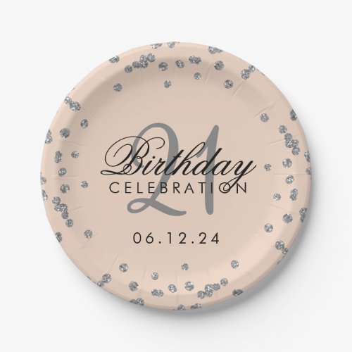 Silver 21st Birthday Faux Glitter Confetti Blush Paper Plates
