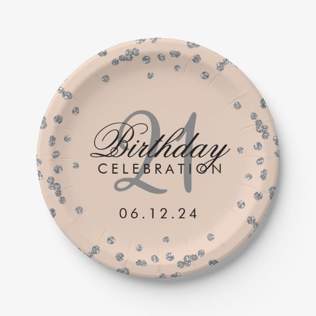 Silver 21st Birthday Faux Glitter Confetti Blush Paper Plates (Front)