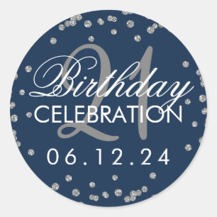 Silver 21st Birthday Faux Glitter Confetti Navy Classic Round Sticker