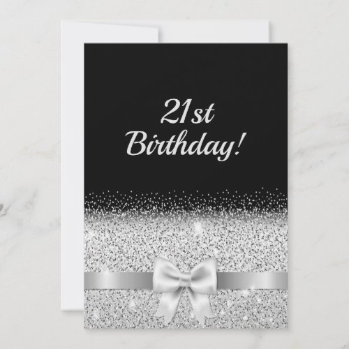 Silver 21st birthday party black elegant bow invitation