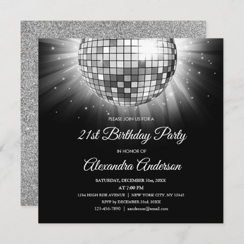 Silver 21st Birthday Party Disco Ball _ 70s Party Invitation