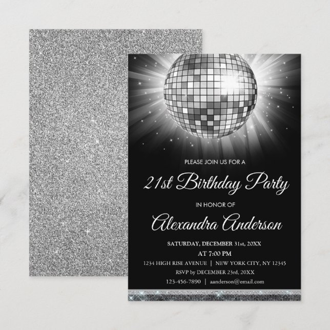 Silver 21st Birthday Party Disco Ball - 70's Party Invitation (Front/Back)