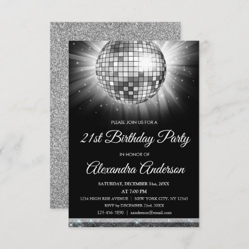 Silver 21st Birthday Party Disco Ball _ 70s Party Invitation