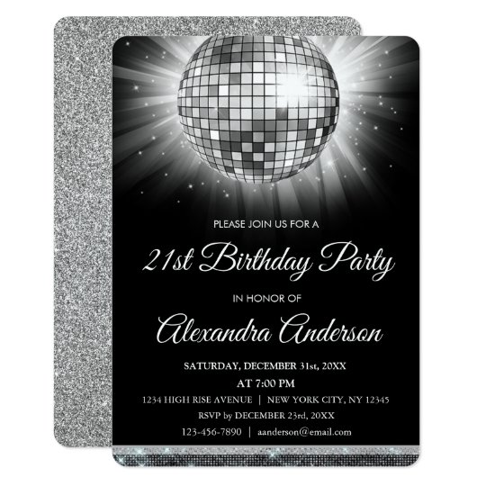 silver 21st birthday party disco ball 70 s party invitation