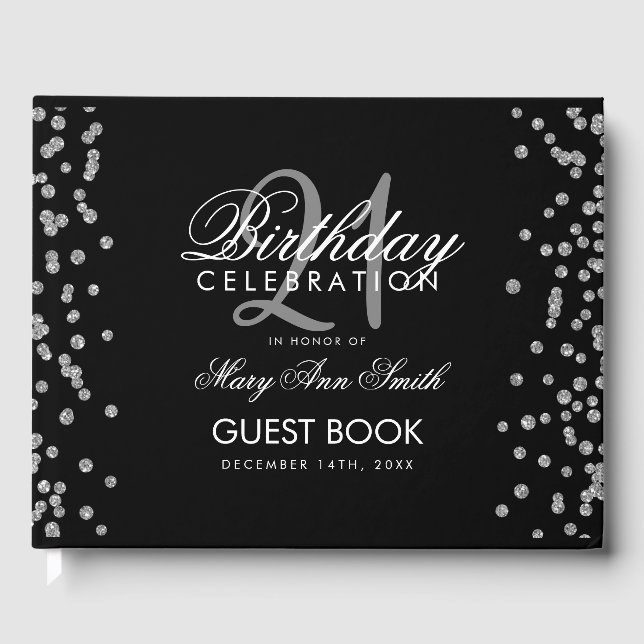Silver 21st Birthday Party Glitter Confetti Black Guest Book (Front)