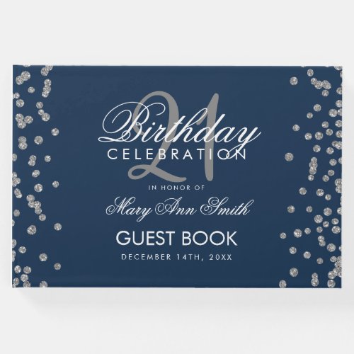 Silver 21st Birthday Party Glitter Confetti Navy Guest Book