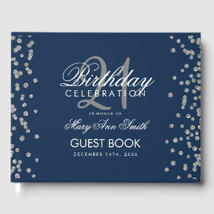 Silver 21st Birthday Party Glitter Confetti Navy Guest Book