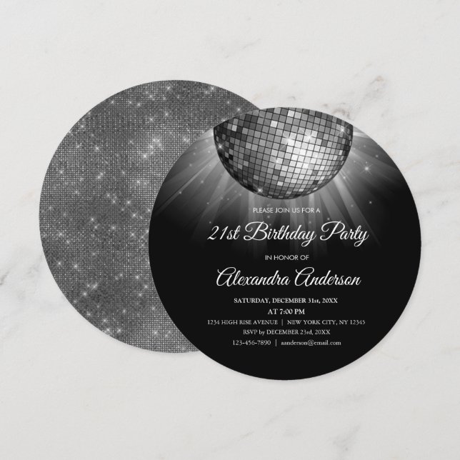 Silver 21st Birthday Party Silver Disco Ball Invitation (Front/Back)
