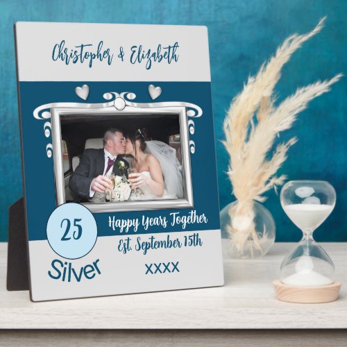 Silver 25 years anniversary add names photo blue plaque
