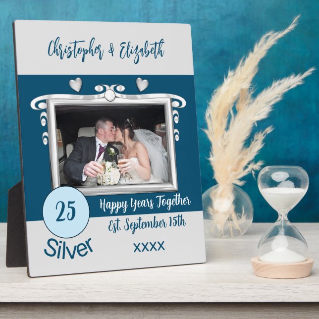 Silver 25 years anniversary add names photo blue plaque (Side)