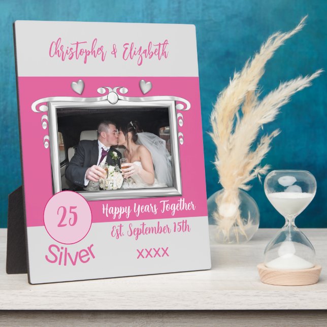 Silver 25 years anniversary add names photo pink plaque (Side)