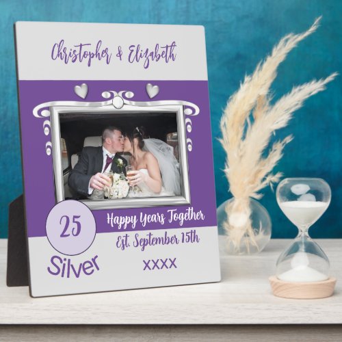 Silver 25 years anniversary add names photo purple plaque