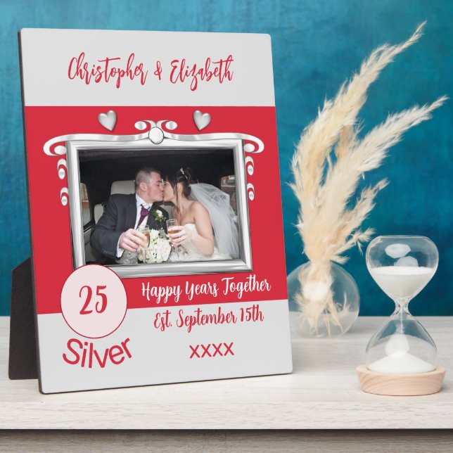 Silver 25 years anniversary add names photo red plaque (Side)