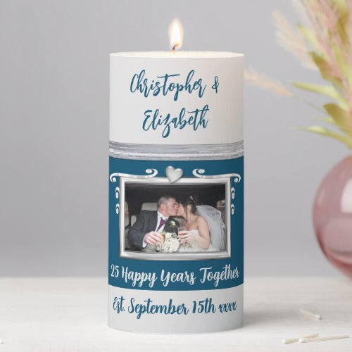 Silver 25th anniversary blue grey add photo pillar candle