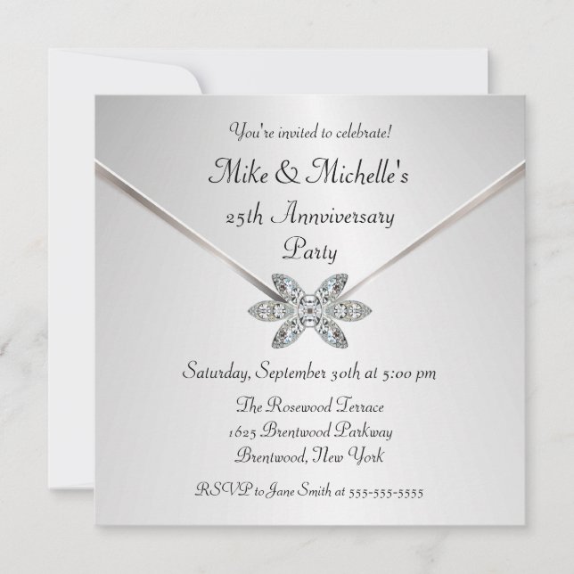Silver 25th Anniversary Diamond Brooch Invitations (Front)