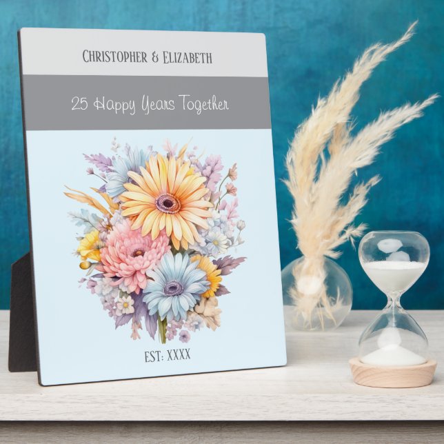 Silver 25th anniversary flowers names blue plaque (Side)