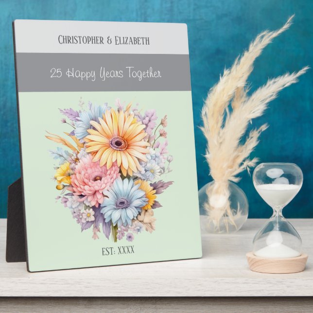 Silver 25th anniversary flowers names green plaque (Side)