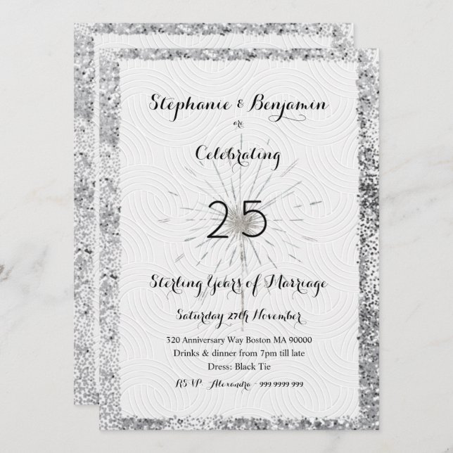 Silver 25th Anniversary Glitter Elegant Chic Invitation (Front/Back)