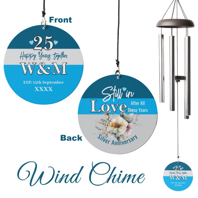 Silver 25th Anniversary initials date blue Wind Chime (Creator Uploaded)